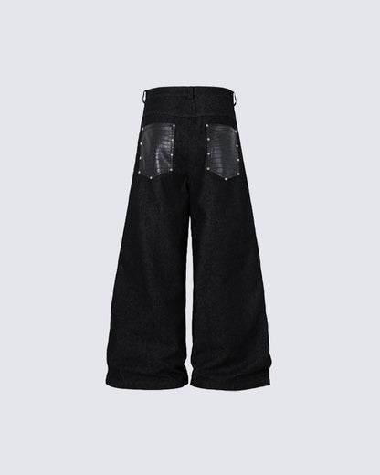 Retro Studded Button-Front Denim Pants