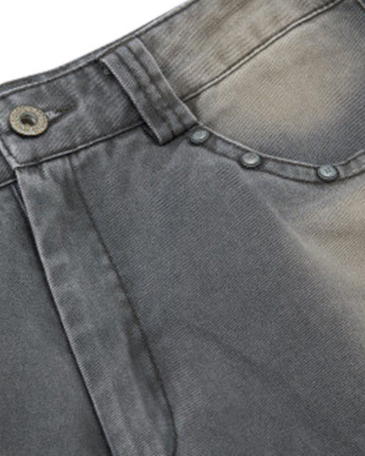 American-Style Distressed Vintage Washed Multi-Pocket Wide-Leg Jeans