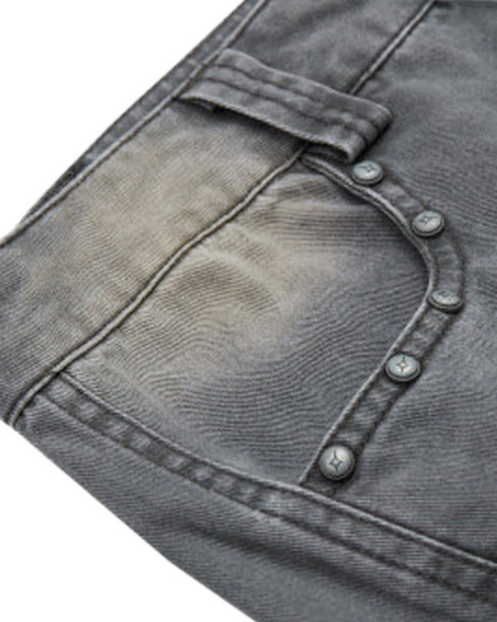 American-Style Distressed Vintage Washed Multi-Pocket Wide-Leg Jeans