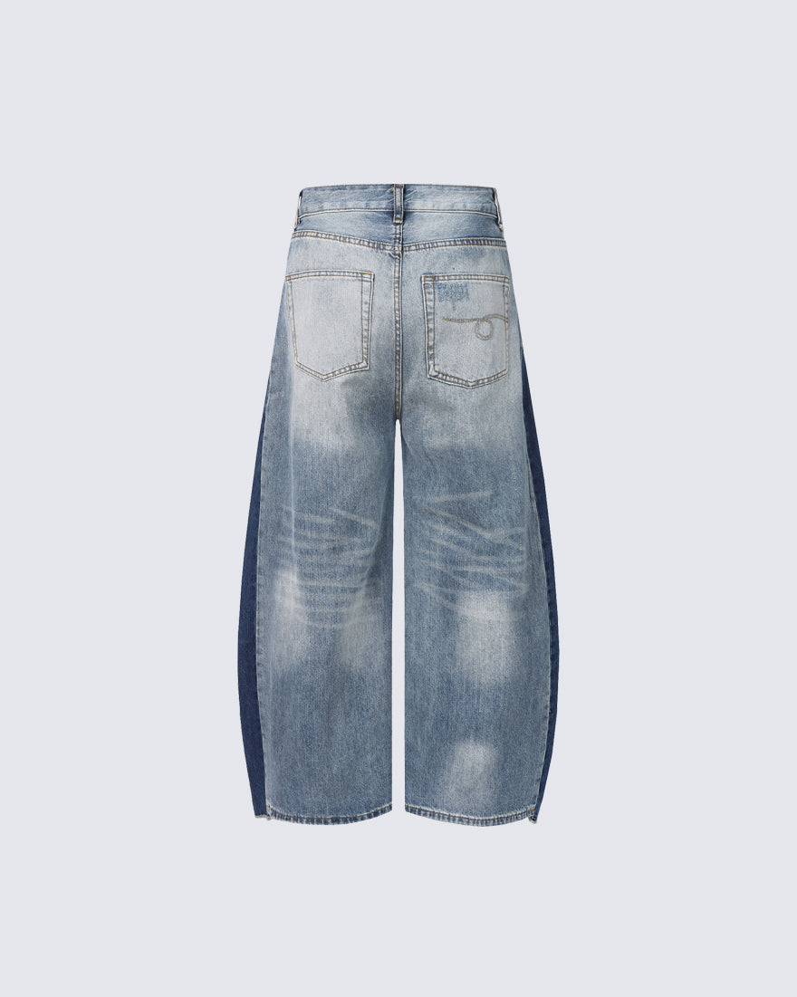 Spring Contrast Panel Wide-Leg Denim Jeans