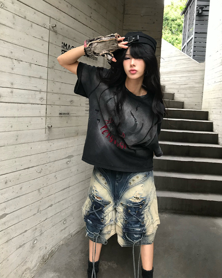 Dark Washed Deconstructed Lace-Up Denim Shorts