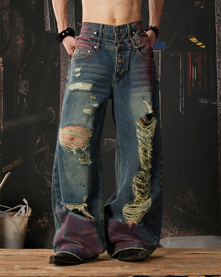 New Double Waist Spray Distressed Jeans