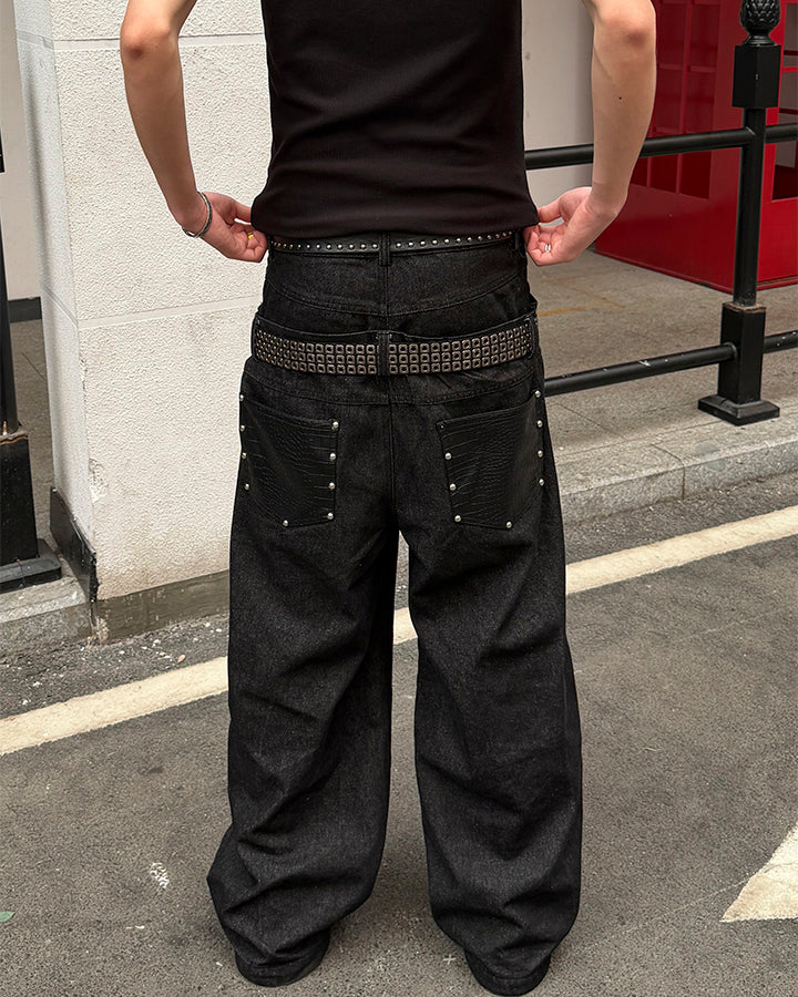 Rivet Patchwork Leather Panel Denim Pants