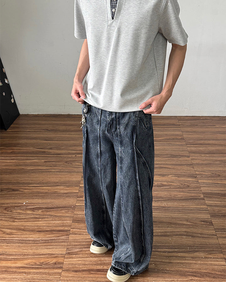 American Wash Patchwork Loose-Fit Denim Pants