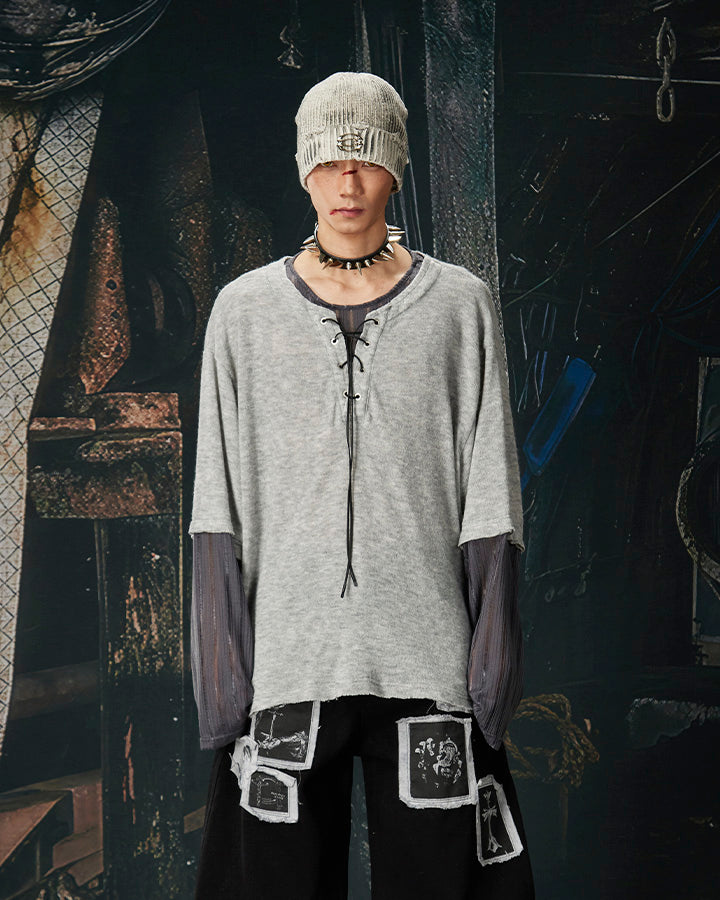 Lace-Up Neck Layered Knit T-Shirt