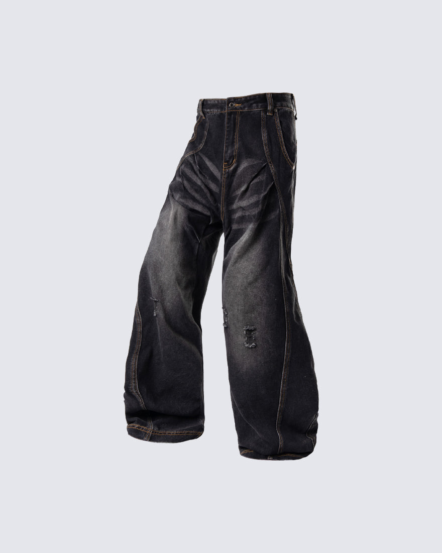 Distressed Deconstructed Washed Curved-Leg Jeans