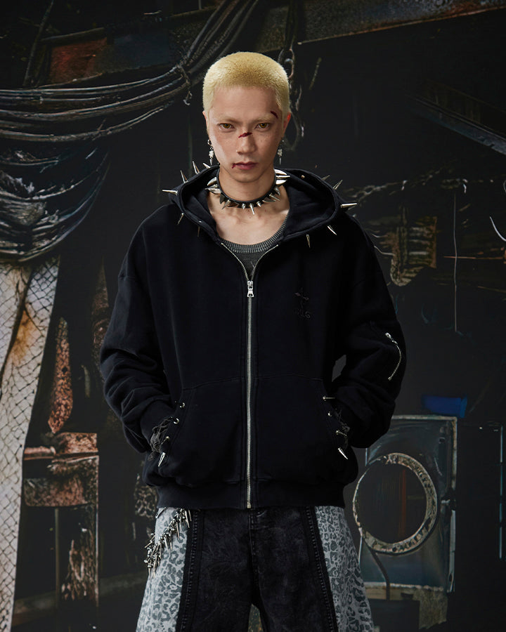 Spike Decor Zip-Up Hooded Sweatshirt
