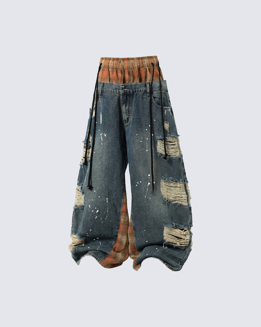 Hip-Hop Patchwork Plaid Layered Denim Pants
