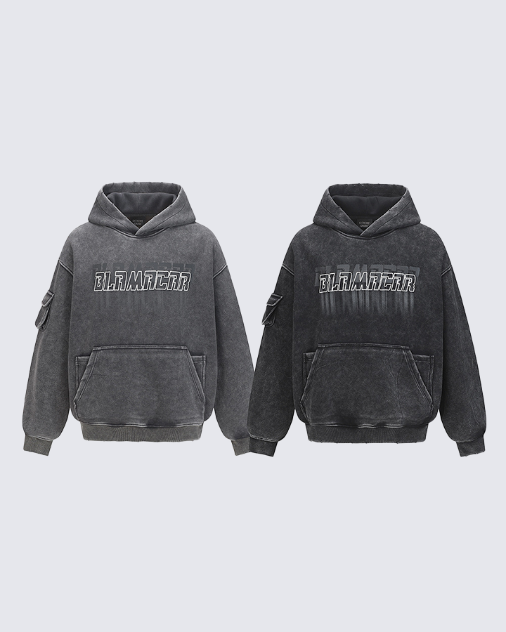 Washed Letter Print Hoodie with Utility Pocket