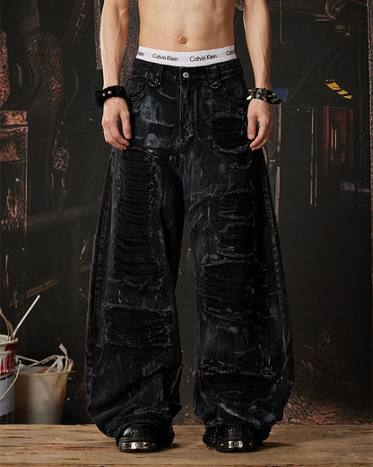 High-Street Distressed Curved-Leg Denim Jeans