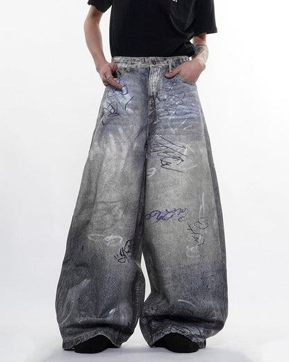 Graffiti Print Balloon Denim Pants