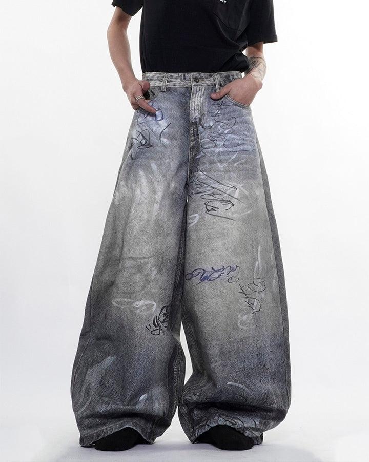 Graffiti Print Balloon Denim Pants