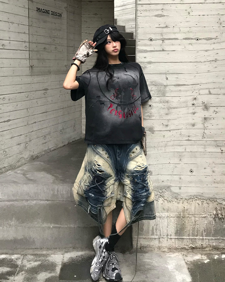 Dark Washed Distressed Graphic Short Sleeve T-Shirt