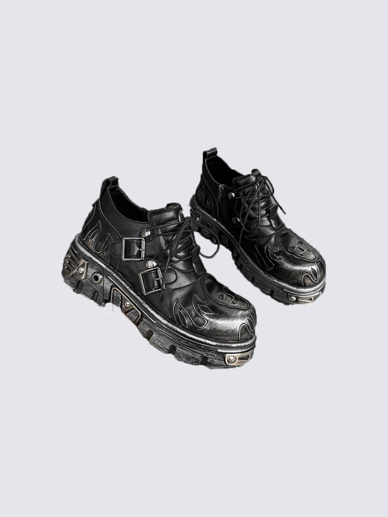 Gothic Skull Flame Buckle Platform Boots