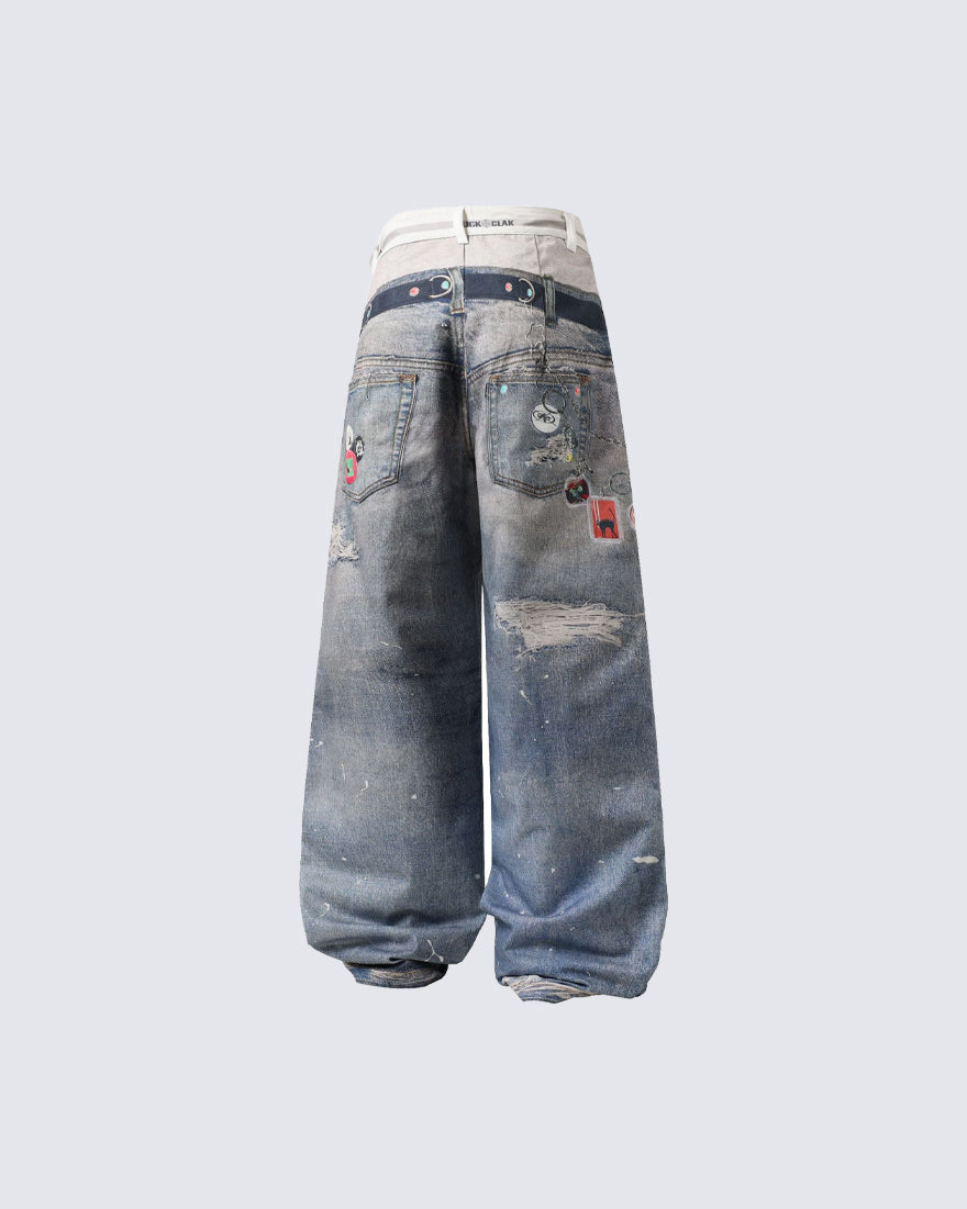 American 3D Digital Print Double Waistband Jeans