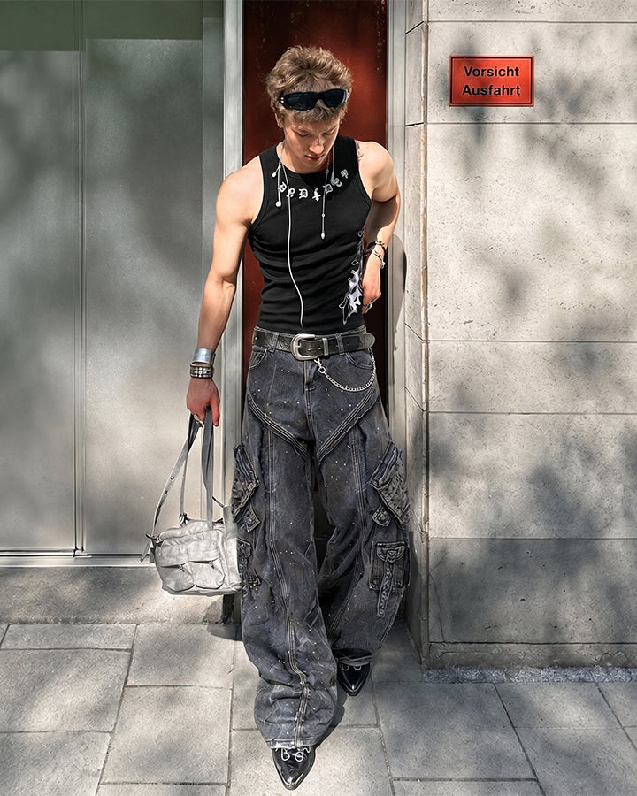 Heavy Washed Ink-Splatter Deconstructed Denim Jeans