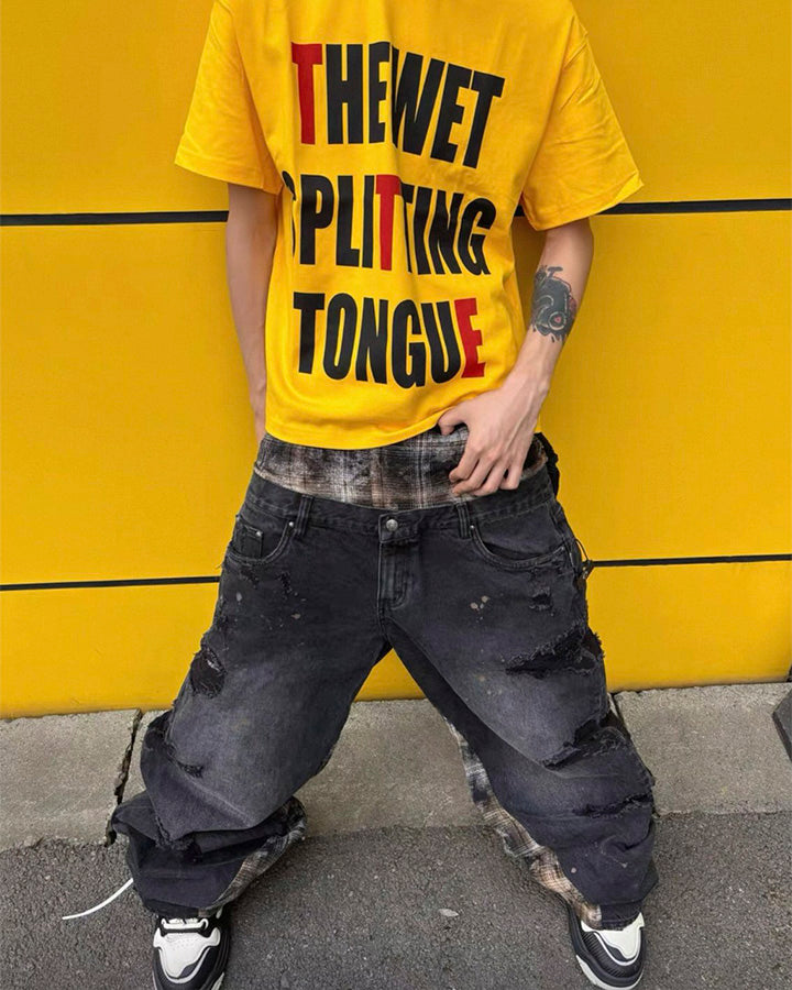 Hip-Hop Patchwork Plaid Layered Denim Pants