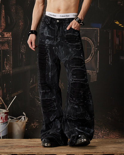 High-Street Distressed Curved-Leg Denim Jeans