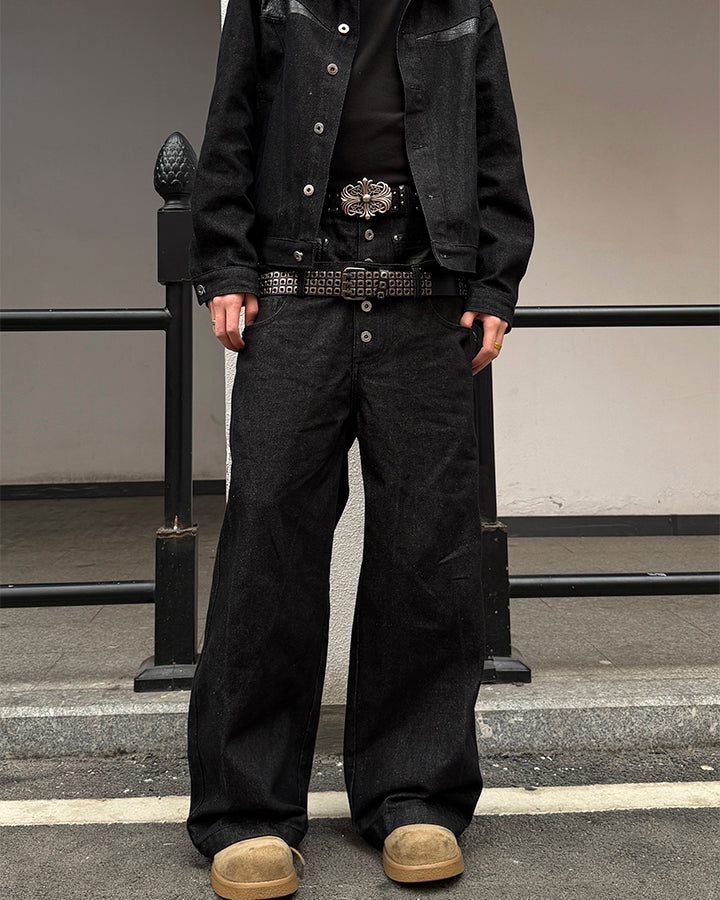 Rivet Patchwork Leather Panel Denim Pants