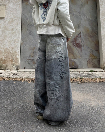 Graffiti Print Balloon Denim Pants