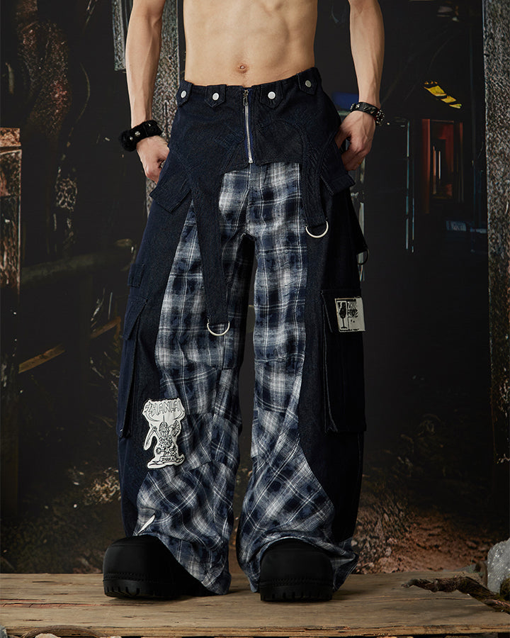New Layered Plaid Cargo Wide-Leg Pants