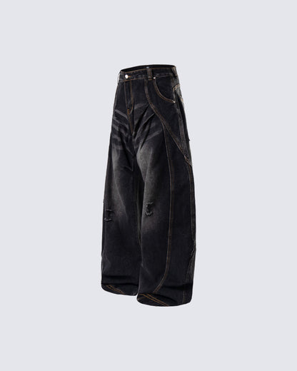 Distressed Deconstructed Washed Curved-Leg Jeans