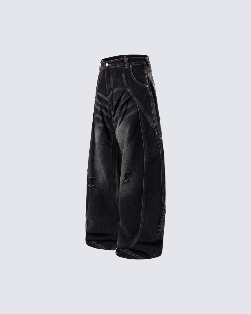 Distressed Deconstructed Washed Curved-Leg Jeans