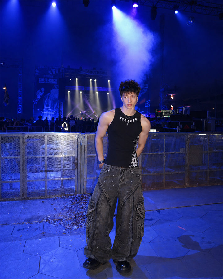 Heavy Washed Ink-Splatter Deconstructed Denim Jeans
