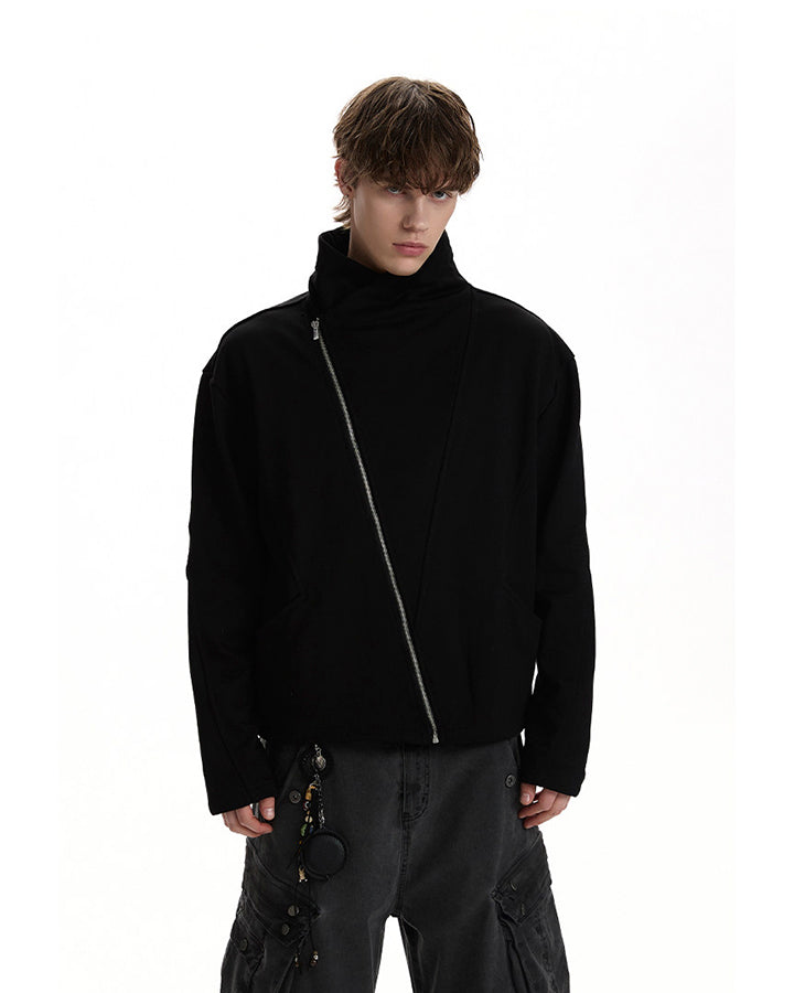 Minimalist Asymmetric Zip Stand Collar Jacket