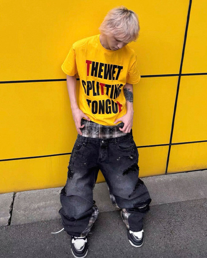 Hip-Hop Patchwork Plaid Layered Denim Pants