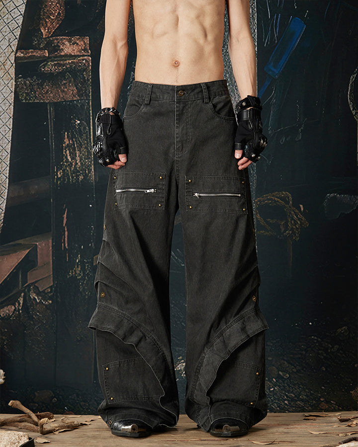 Spliced Metal-Detail Scimitar Denim Pants