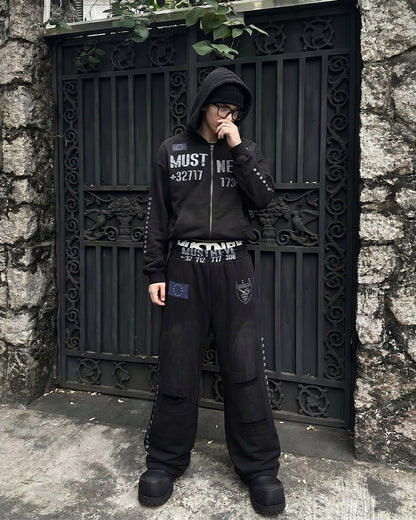 New Street Washed Distressed Curved Track Pants