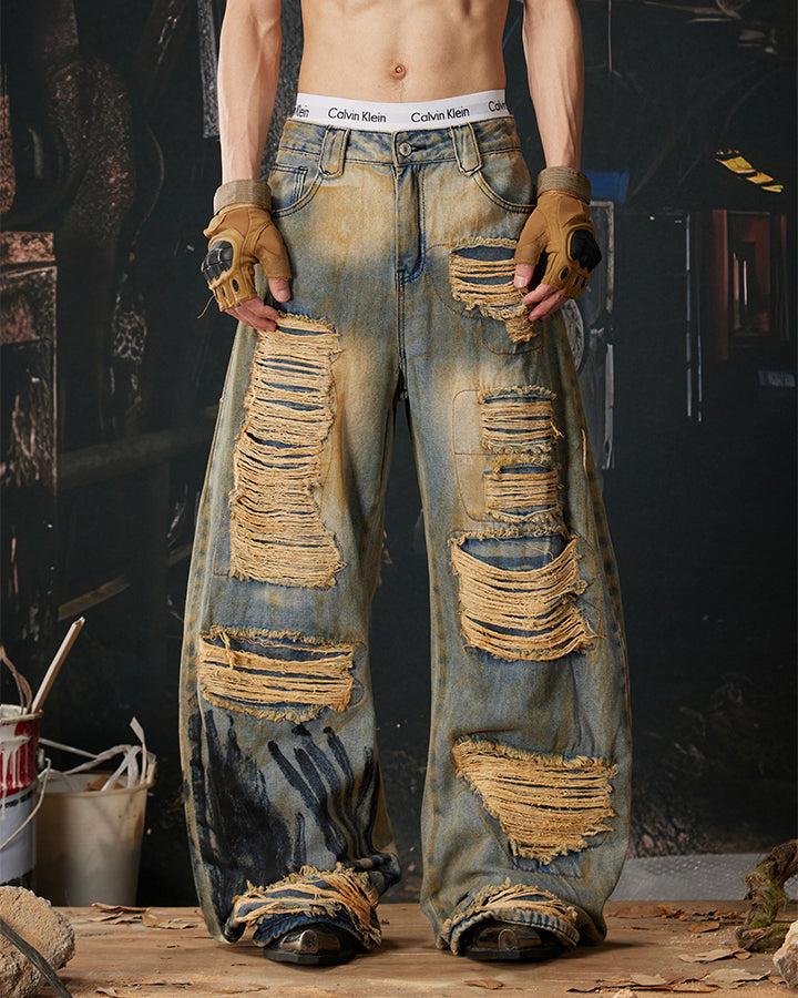 High-Street Distressed Curved-Leg Denim Jeans