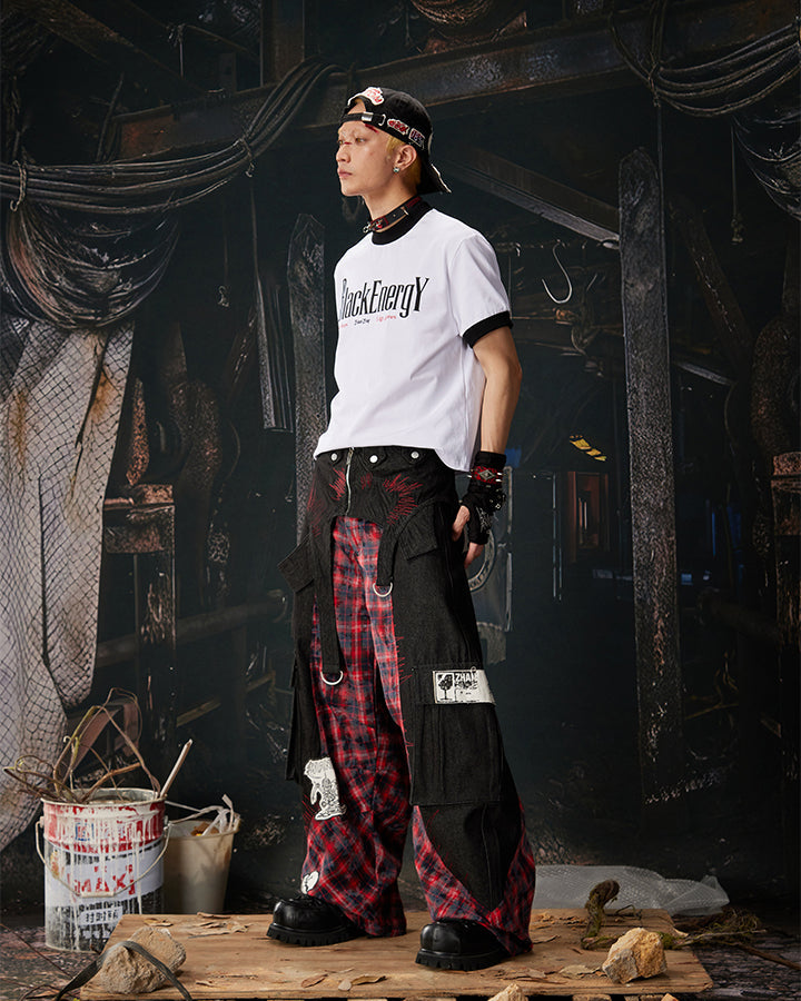 New Layered Plaid Cargo Wide-Leg Pants