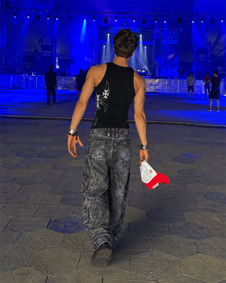 Heavy Washed Ink-Splatter Deconstructed Denim Jeans