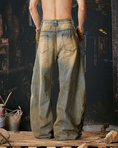 High-Street Distressed Curved-Leg Denim Jeans