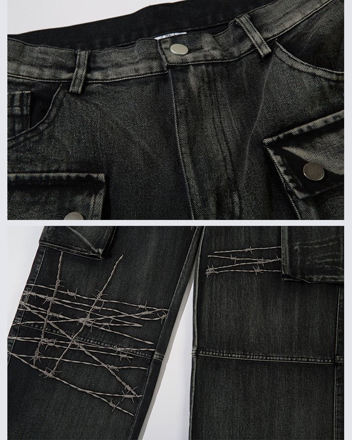 Distressed Black Cargo Pants with Multiple Pockets