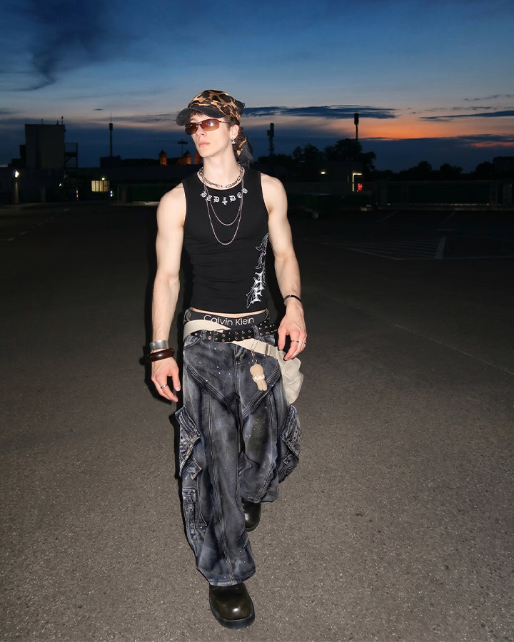 Heavy Washed Ink-Splatter Deconstructed Denim Jeans