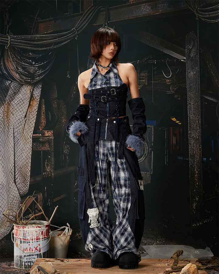 New Layered Plaid Cargo Wide-Leg Pants