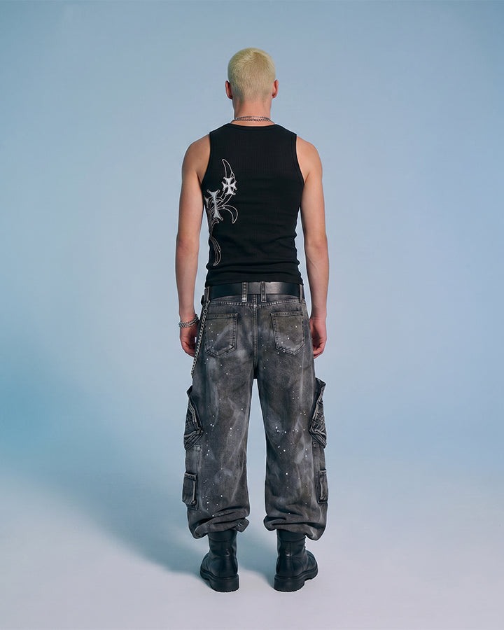 Heavy Washed Ink-Splatter Deconstructed Denim Jeans