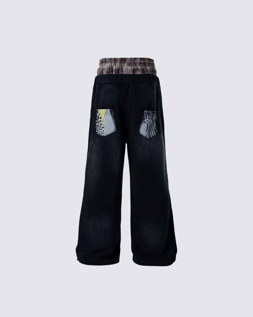 Animal Print Double Waistband Wide-Leg Sweatpants