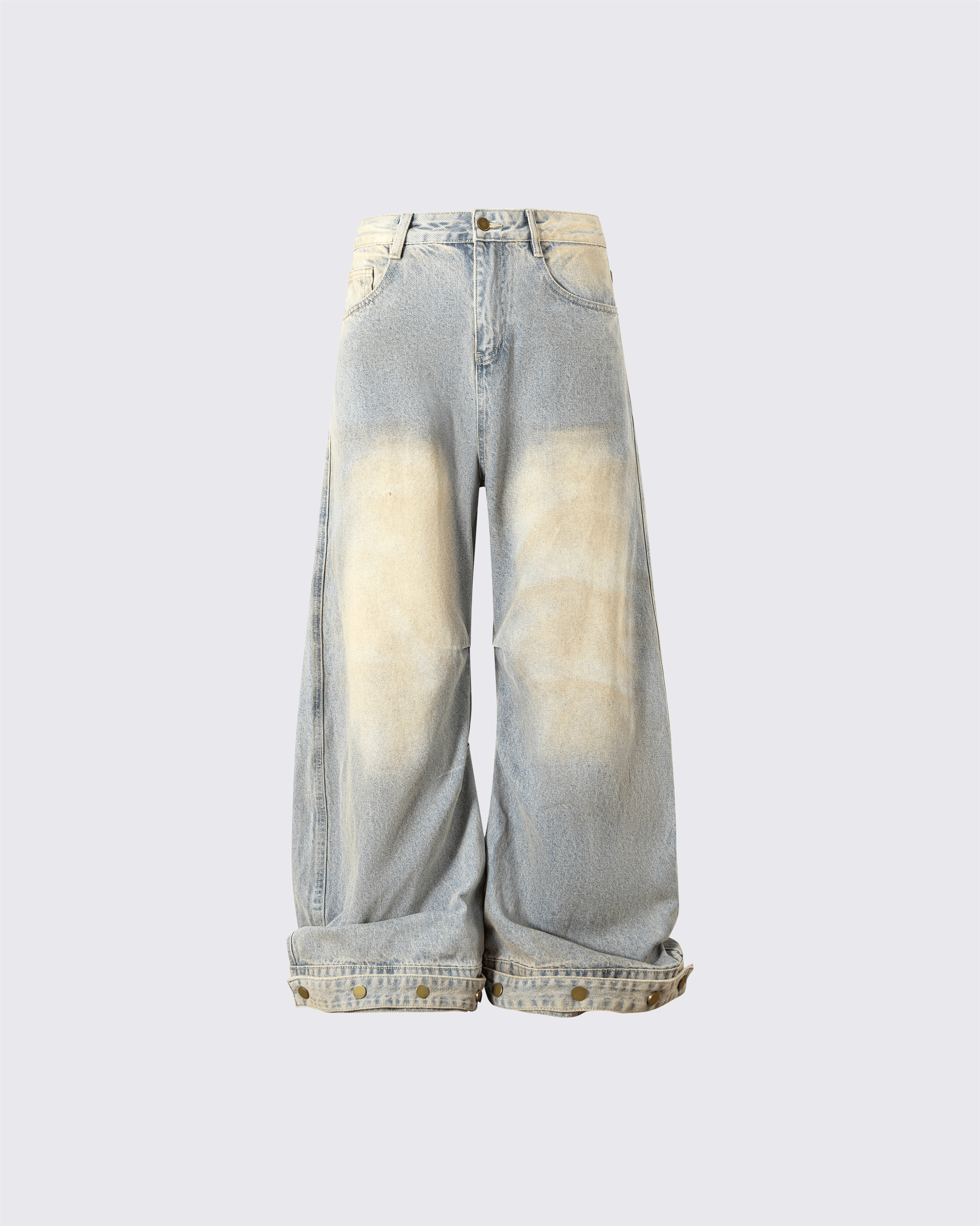 Wide-Leg Denim Jeans with Buttoned Hem