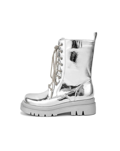 Metallic Lace-Up Platform Combat Boots
