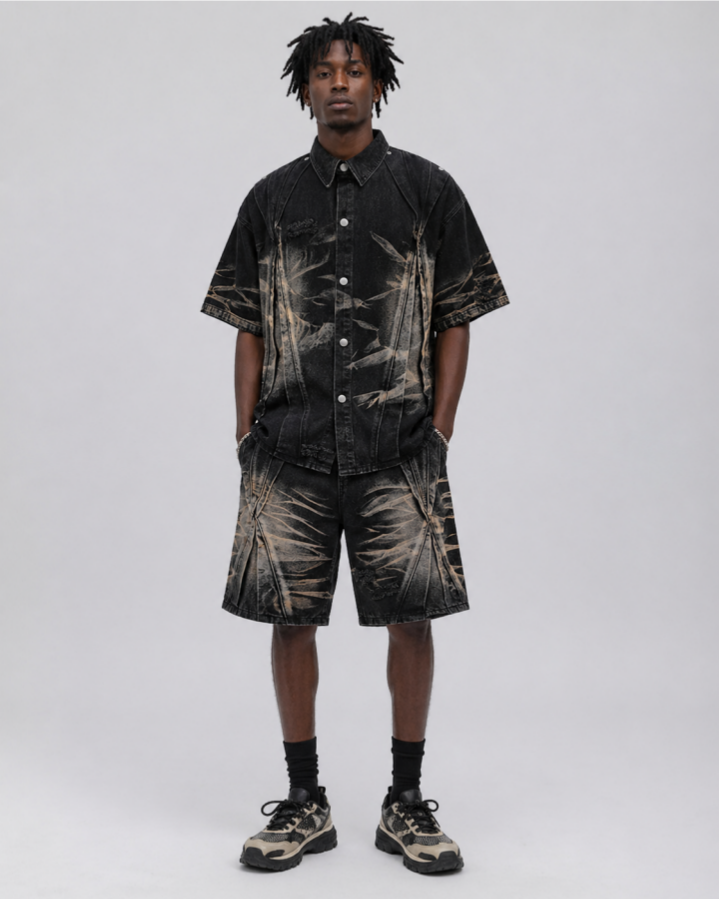 Vintage Washed Panel Stitch Denim Shorts