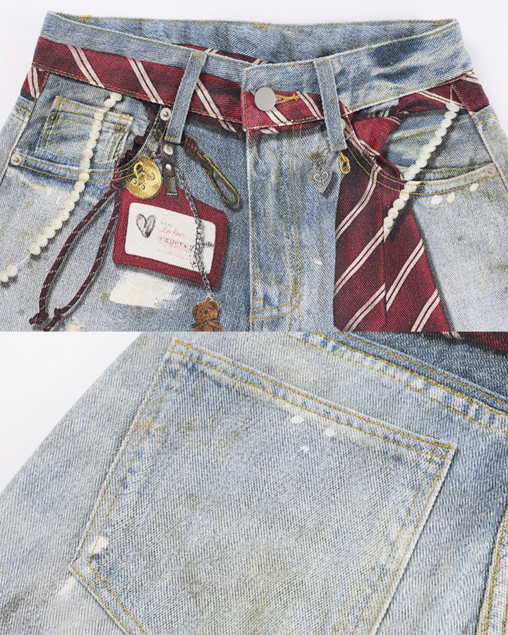 Printed Deconstructed Vintage Wide Denim Jean