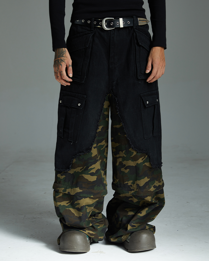 Black and Camo Distressed Cargo Pants