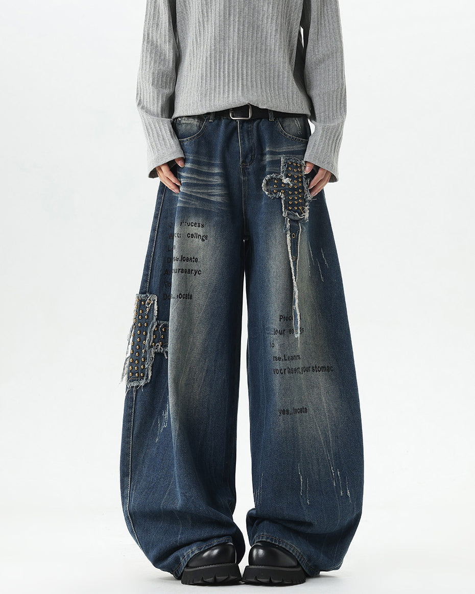 European-American Retro Studded Wide Jeans