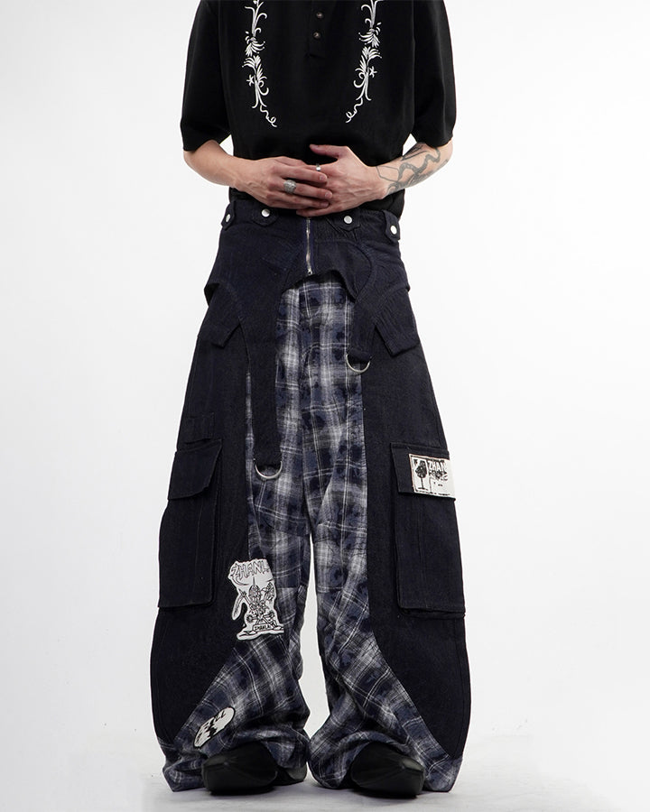 New Layered Plaid Cargo Wide-Leg Pants