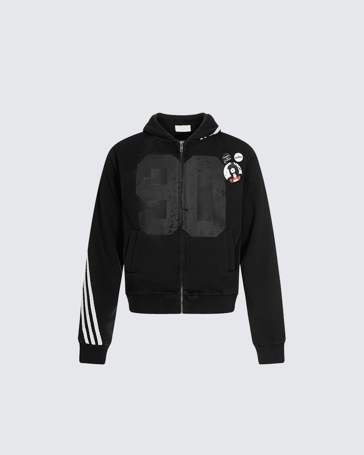 90s Graphic Hoodie with Zipper and Stripes