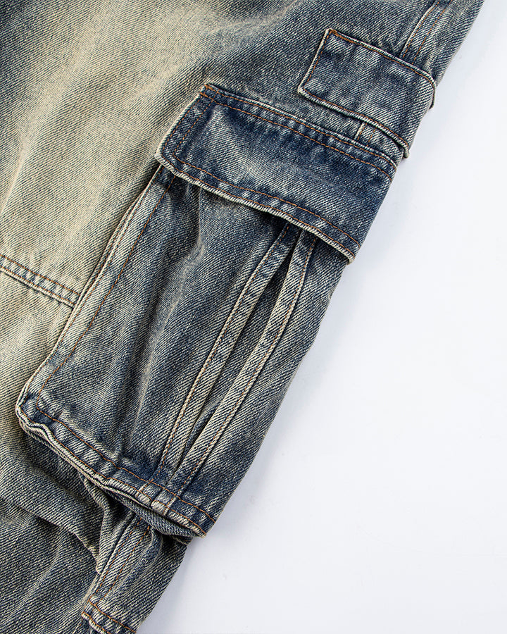 Washed Denim Multi-Pocket Cargo Pants